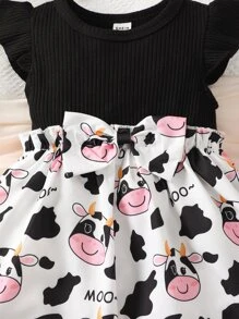 Baby Cow Print Ruffle Trim Bow Front Dress - Đen và trắng - Xem 4