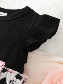 Baby Cow Print Ruffle Trim Bow Front Dress - Đen và trắng - Xem 5