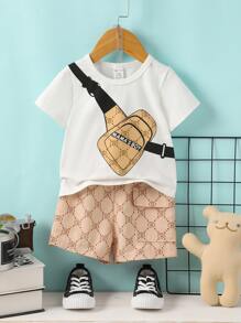 嬰兒包包印花T恤和側翻蓋口袋短褲 - 彩色 - 查看 1