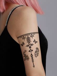 Tattoo Sticker,1 Sheet Floral Pattern Temporary Tattoos For Women,Tattoo Stickers Adults,Realistic Tattoo Flower,For Women and Girls - Black - View 4