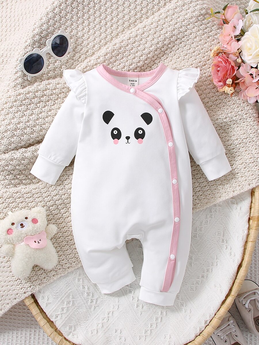 Baby Girl Cartoon Graphic Ruffle Trim Contrast Binding Jumpsuit - White - View 1