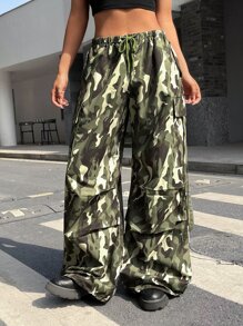 SHEIN Coolane 迷彩印花側翻蓋口袋工裝褲