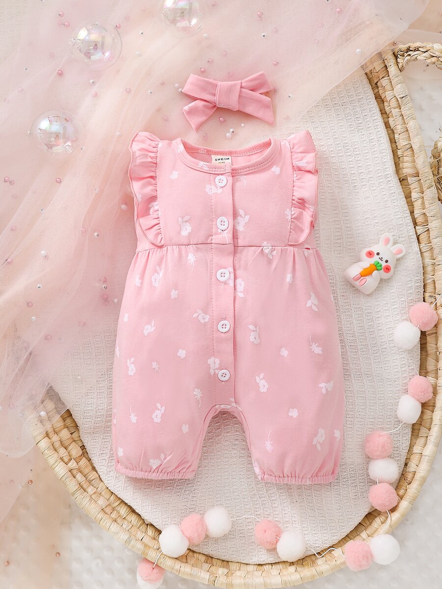 Rompers Em bé Xù Nút phía trước Hoa - Màu Hồng baby - Xem 1