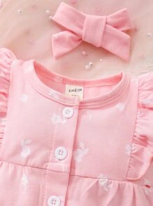Rompers Em bé Xù Nút phía trước Hoa - Màu Hồng baby - Xem 3