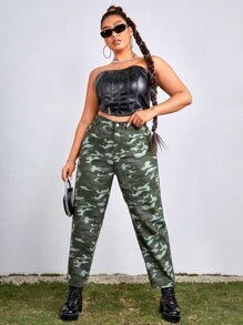Plus High Waist Camo Print Jeans - Multicolor - View 1