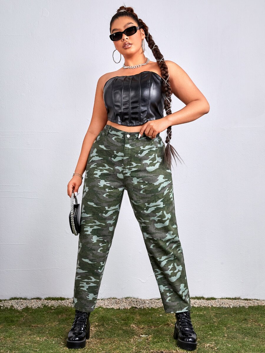 Plus High Waist Camo Print Jeans - Multicolor - View 1