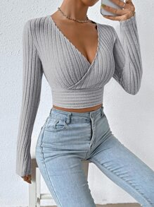 SHEIN Essnce 交疊領條紋針織短款T恤 - 灰色 - 查看 1