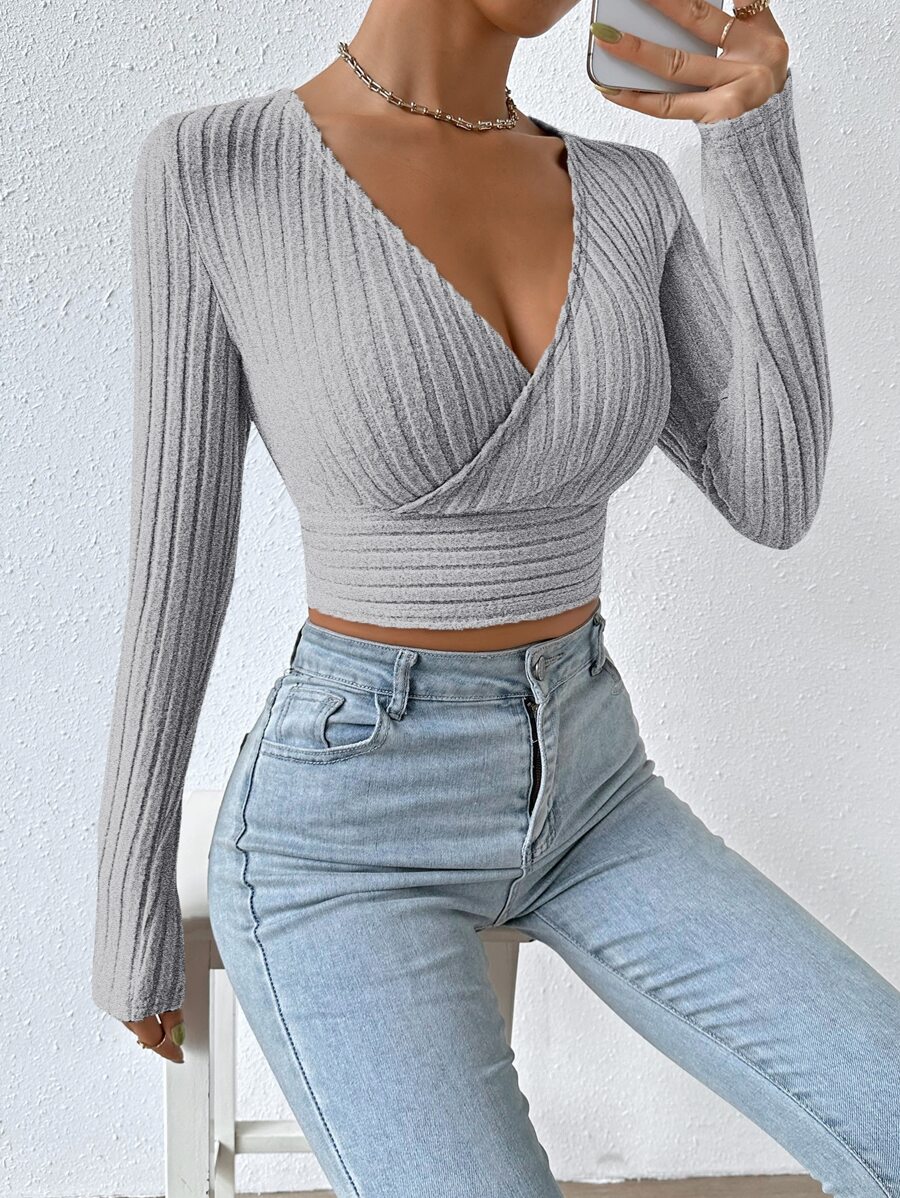 SHEIN Essnce 交疊領條紋針織短款T恤 - 灰色 - 查看 1