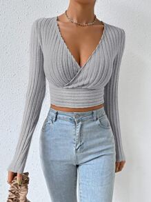 SHEIN Essnce 交疊領條紋針織短款T恤 - 灰色 - 查看 4