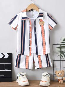 Toddler Boys Striped & Bear Patched Shirt & Shorts Without Tee - Multicolor - View 1