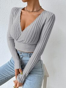 SHEIN Essnce 交疊領條紋針織短款T恤 - 灰色 - 查看 5