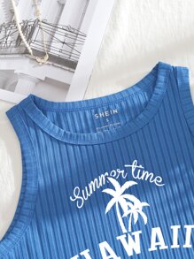 INAWLY Women Summer Palm Tree & Letter Graphic Tank Top Graphic Tees Women Tops - Blue - View 4