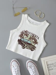 INAWLY Top tank con estampado de coche y letra tejido de canalé - Blanco - Ver 1
