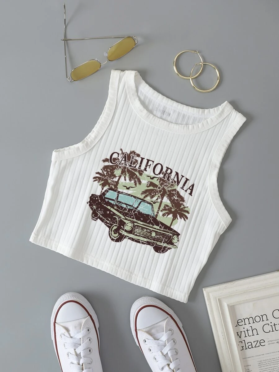 INAWLY Top tank con estampado de coche y letra tejido de canalé - Blanco - Ver 1