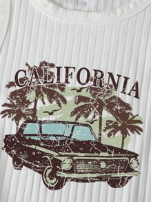 INAWLY Top tank con estampado de coche y letra tejido de canalé - Blanco - Ver 3