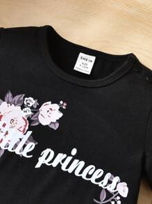 Baby Floral & Letter Graphic Tee & Pants - Black - View 6