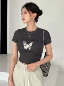 DAZY Butterfly & Letter Graphic Crop Tee - Dark Grey - View 3