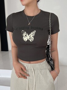 DAZY Butterfly & Letter Graphic Crop Tee - Dark Grey - View 5