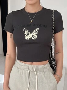DAZY Butterfly & Letter Graphic Crop Tee - Dark Grey - View 6