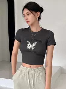 DAZY Butterfly & Letter Graphic Crop Tee - Dark Grey - View 7