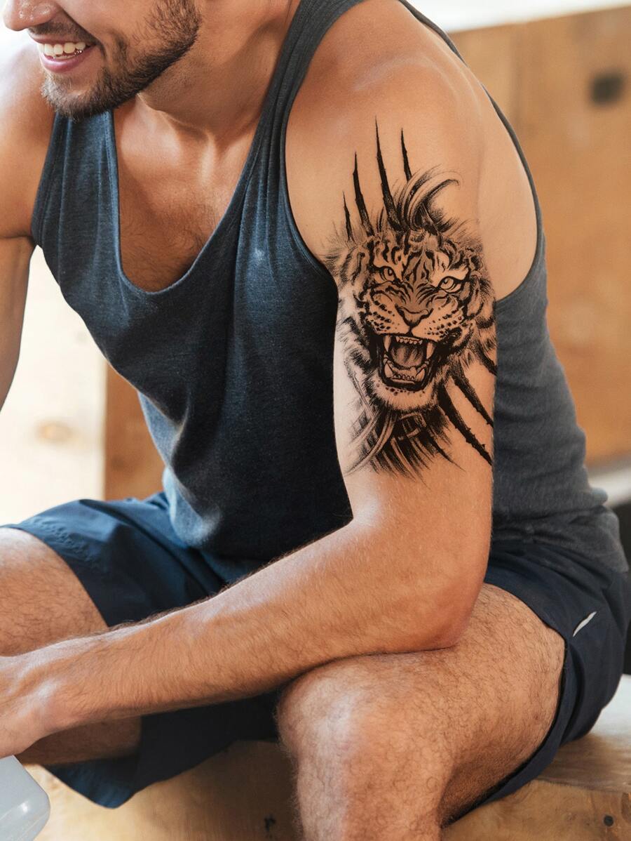 Hình xăm dán , 1 tờ con hổ In đầu Hình xăm tạm thời Cho nam giới , Hình xăm dán Người lớn , Thực tế Hình xăm con hổ Đầu , Đối với phụ nữ Và Cô gái - màu đen - Xem 1