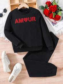 Girls Letter Graphic Sweatshirt & Joggers - Black - View 1