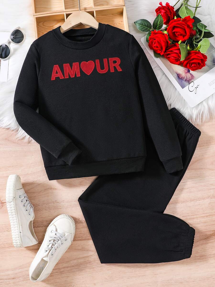 Girls Letter Graphic Sweatshirt & Joggers - Black - View 1