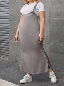 SHEIN Essnce Plus Solid Pinafore Dress Without Top - Grey - View 3