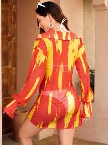 SHEIN Swim Summer Allover Print Tie Front Kimono - Multicolor - View 2