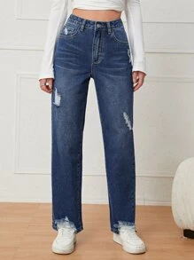 High Waist Ripped Straight Leg Jeans - Dark Wash - View 1