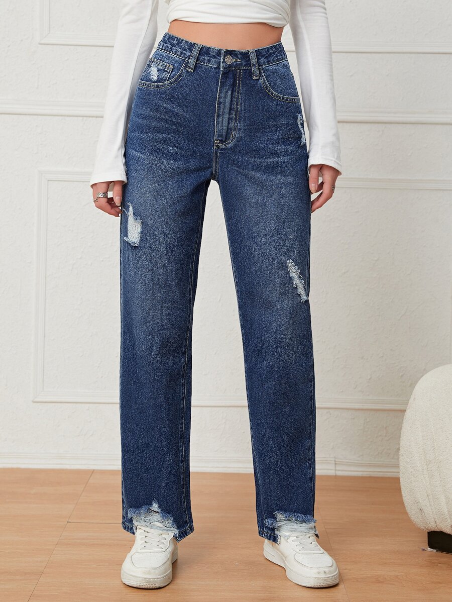High Waist Ripped Straight Leg Jeans - Dark Wash - View 1