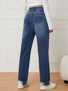 High Waist Ripped Straight Leg Jeans - Dark Wash - View 2