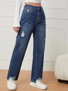 High Waist Ripped Straight Leg Jeans - Dark Wash - View 4