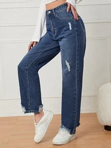 High Waist Ripped Straight Leg Jeans - Dark Wash - View 5