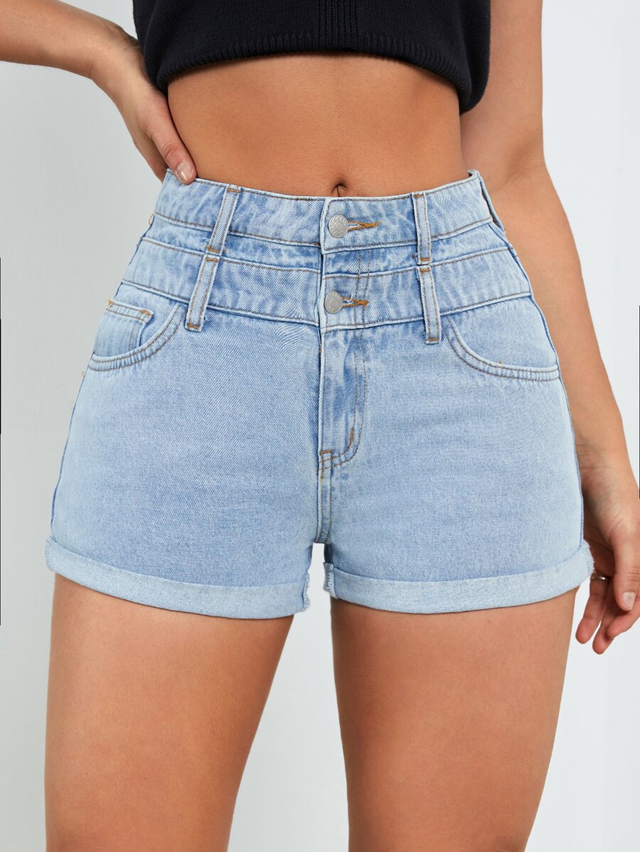 Button Fly Rolled Hem Denim Shorts - Light Wash - View 1