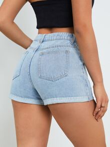 Button Fly Rolled Hem Denim Shorts - Light Wash - View 2