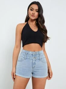 Button Fly Rolled Hem Denim Shorts - Light Wash - View 4