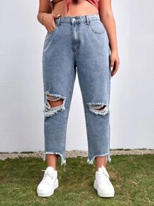 SHEIN ICON Jeans desgarro bajo crudo - Lavado ligero - Ver 1