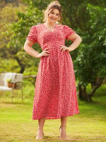 S BETRO Plus Ditsy Floral Puff Sleeve A-line Dress - Red - View 1