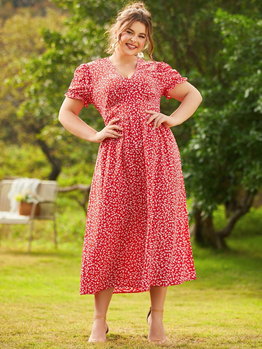 S BETRO Plus Ditsy Floral Puff Sleeve A-line Dress - Red - View 1
