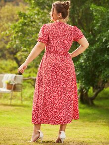 S BETRO Plus Ditsy Floral Puff Sleeve A-line Dress - Red - View 2