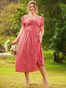 S BETRO Plus Ditsy Floral Puff Sleeve A-line Dress - Red - View 3