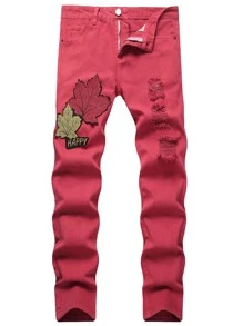 男士楓葉和字母圖案破洞牛仔褲 - 紅色 - 查看 1