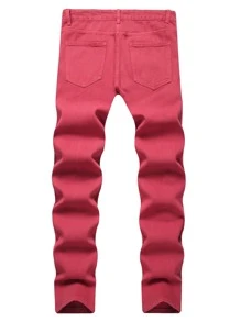 男士楓葉和字母圖案破洞牛仔褲 - 紅色 - 查看 2