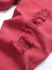 男士楓葉和字母圖案破洞牛仔褲 - 紅色 - 查看 3