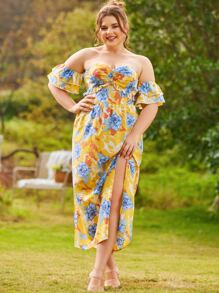 S BETRO Đầm Plus Size Xù phân lớp Tách cao Nếp gấp Phần Ngực Hoa Boho - Nhiều màu - Xem 1