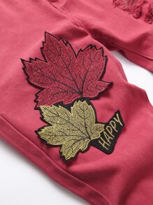 男士楓葉和字母圖案破洞牛仔褲 - 紅色 - 查看 4