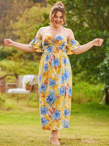 S BETRO Đầm Plus Size Xù phân lớp Tách cao Nếp gấp Phần Ngực Hoa Boho - Nhiều màu - Xem 4