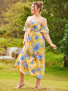S BETRO Đầm Plus Size Xù phân lớp Tách cao Nếp gấp Phần Ngực Hoa Boho - Nhiều màu - Xem 5