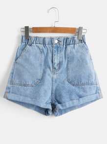 Roll Up Hem Denim Shorts - Light Wash - View 1